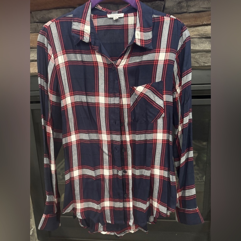 Dizzy Lizzy Size Small Navy and Red Plaid Button-Up Shirt